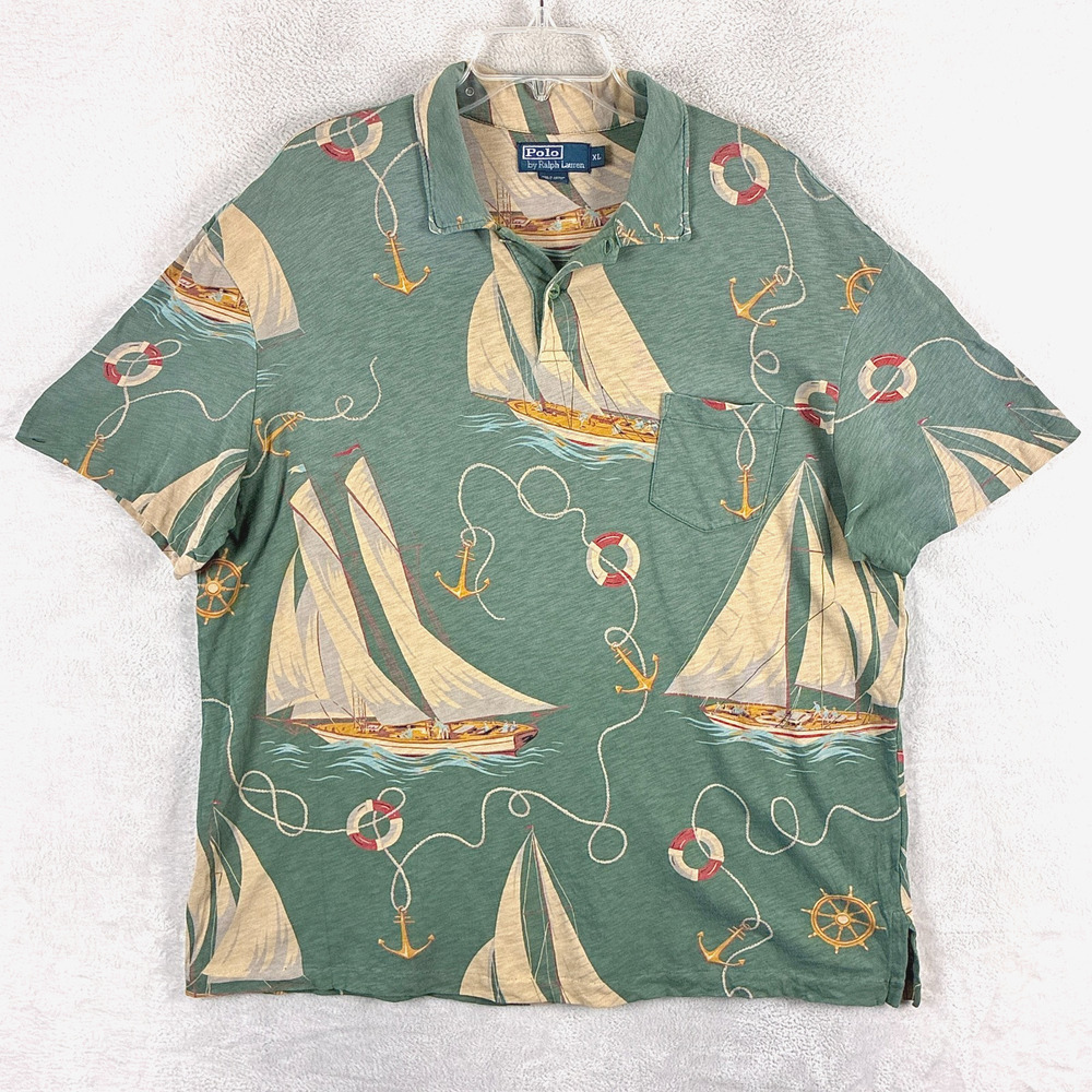 VTG Polo Ralph Lauren Shirt Mens XL Green Sailboat Yacht AOP Preppy Nautical 90s